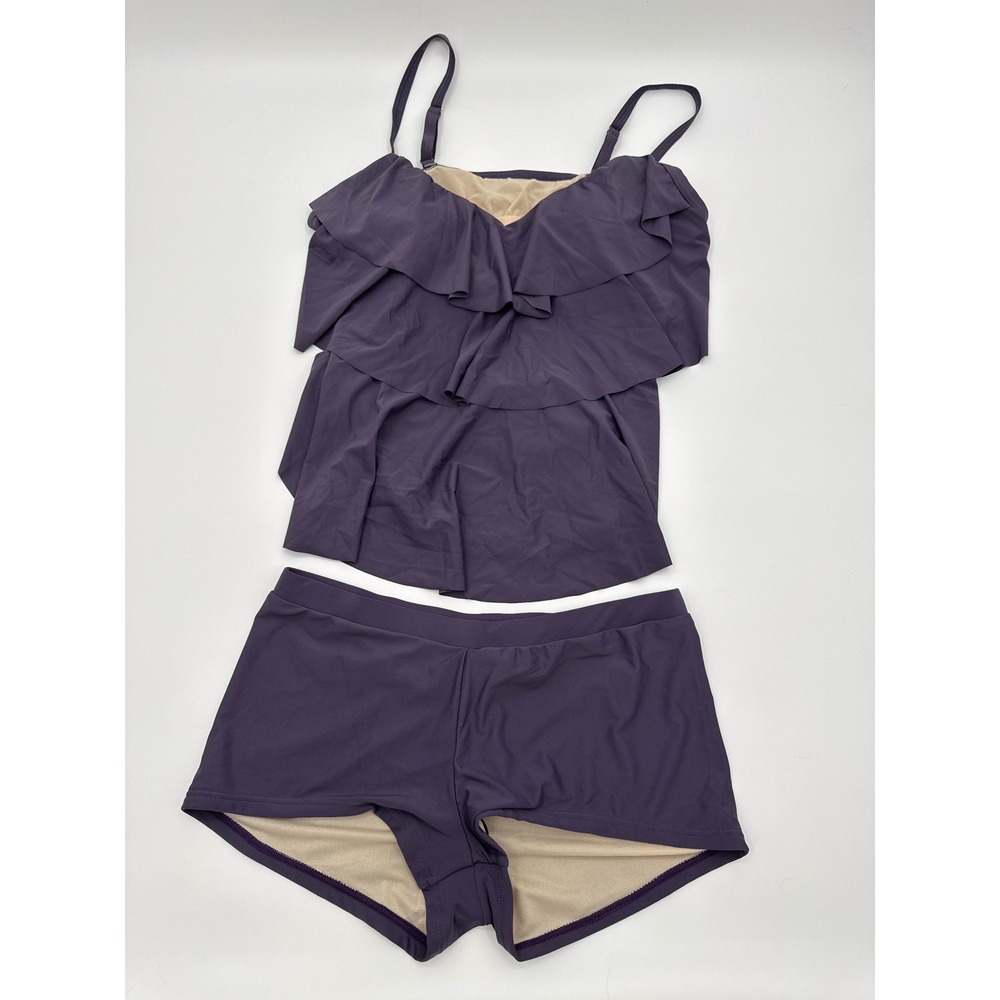 Envy Curves Women Purple Tiered Ruffle Tankini Set with Boy Shorts 2X M0007A